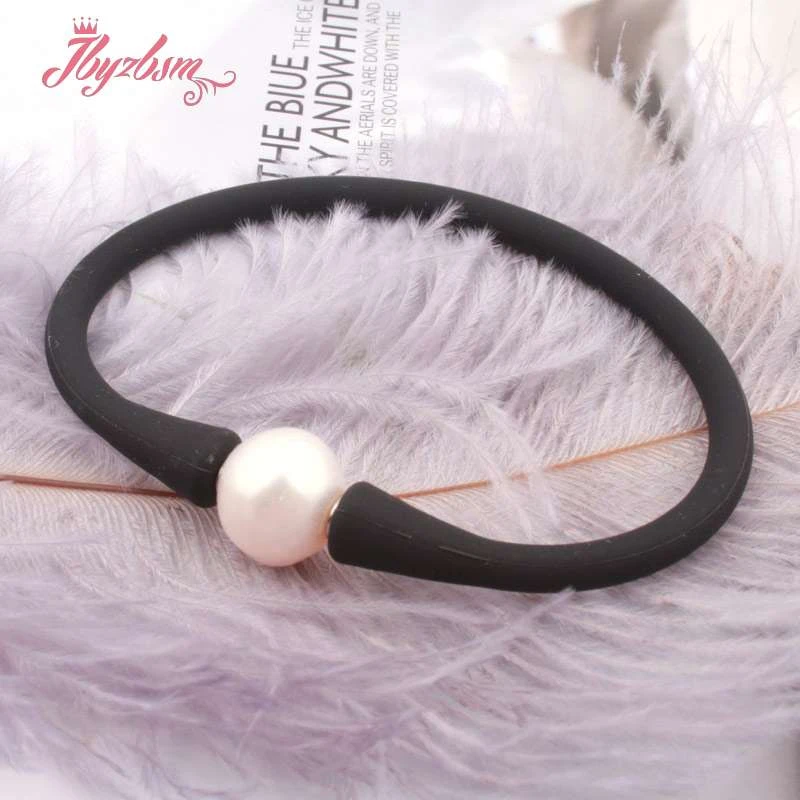 10mm Round Freshwater Pearl Silicone Bracelet Stone Beads Casual Waterproof For woman man Unisex Gift Bangle Bracelet 1 Pcs