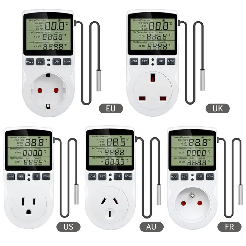 Controlador de temperatura Digital con termostato, enchufe de salida con temporizador, interruptor, Sensor, sonda, calefacción y refrigeración, 16A