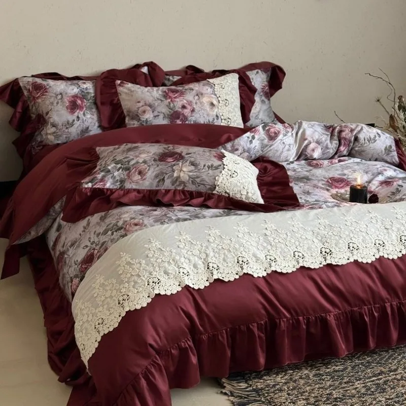 French retro style 100 long-staple cotton pure cotton four-piece set, printed quilt cover sheet