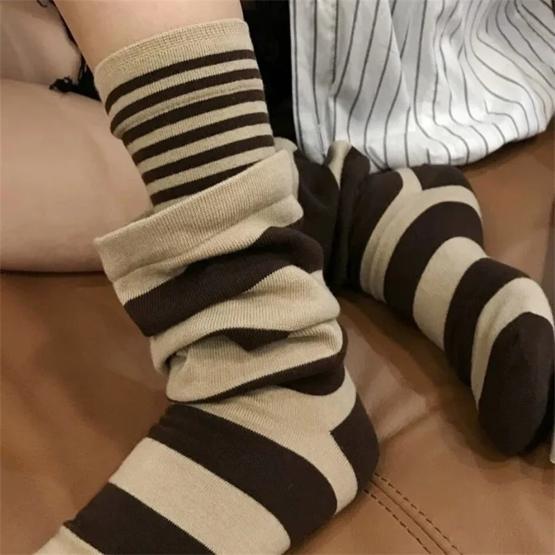 Women's Warm Sweat Absorbent Mid Calf Length Slimming Middle Socks Retro Warm Thick Double Layer Splicing Striped Boots Socks
