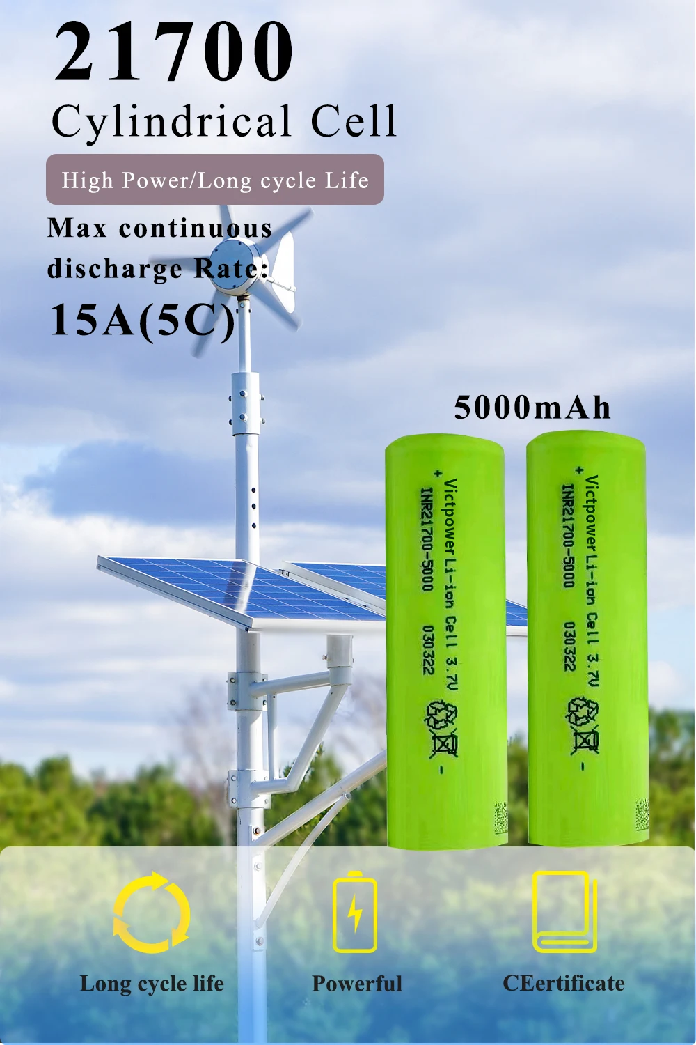 

100% Original 3.7V 21700 5000mah High Capacity Battery INR21700-50E 15A 5C Lithium Rechargeable Batteries For solar street light