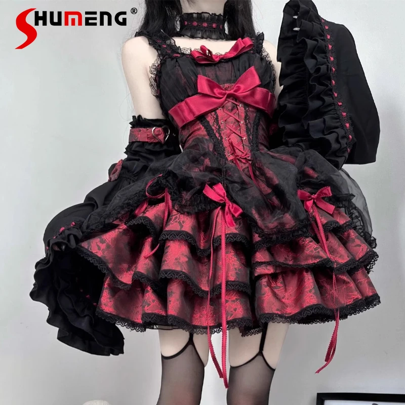 

Japanese Gothic Lolita Jsk Dress Women Harajuku Y2k Bow Lace Ruffles Evening Party Shorts Dress Punk Kawaii Black Red Vestidos