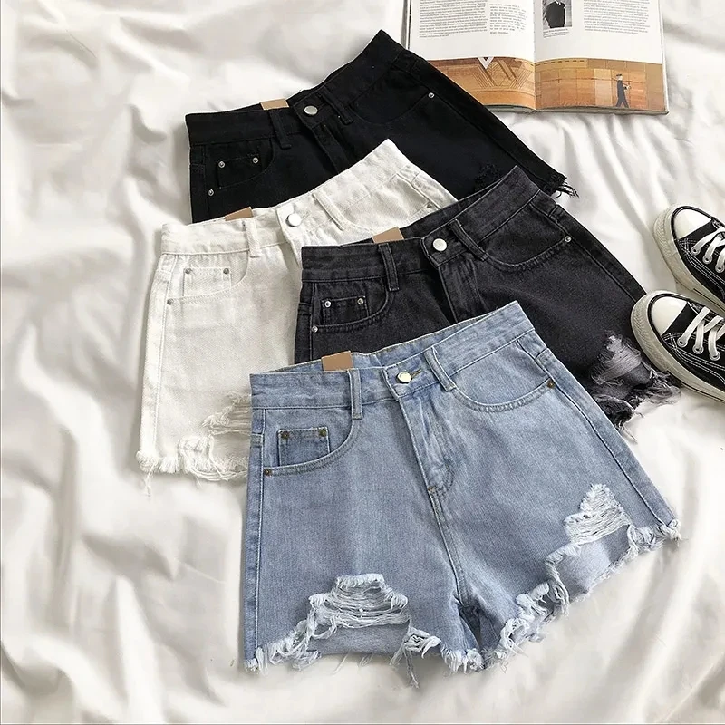 Summer Women's High Waist Cowboy Shorts Korean Style Casual Denim with Pockets Tassel Detail Perforated Design Y2K White Jeans