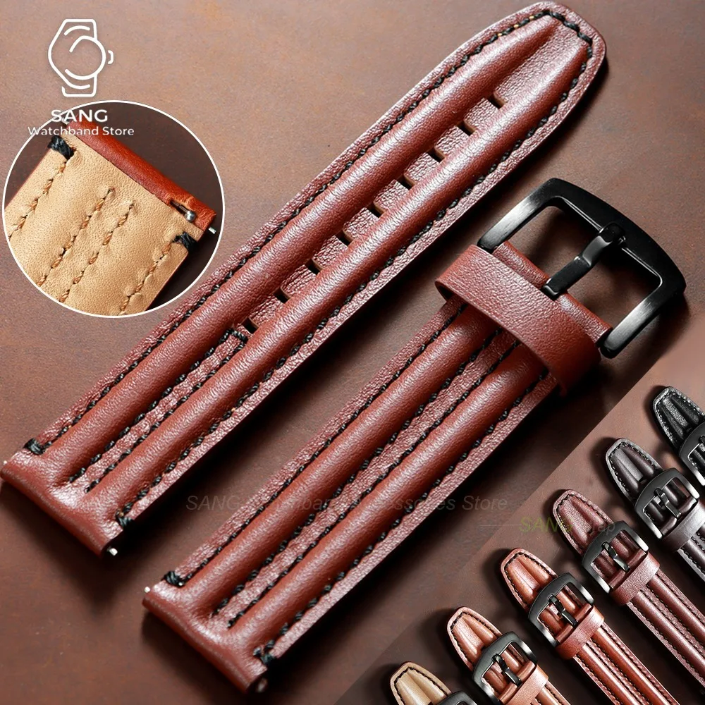 20/22/24mm Quick Release Retro Business Cowhide Leather Watch Bands Strap Smartwatch Waterproof Bracelet Universal Vintage Strap