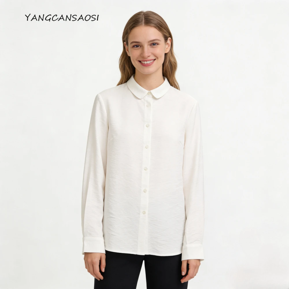 

Women's Fashion Spring/Autumn New Style 82% Natural Mulberry Silk White Fold Turn-down Collar Long Sleeve Single-breasted Shirt