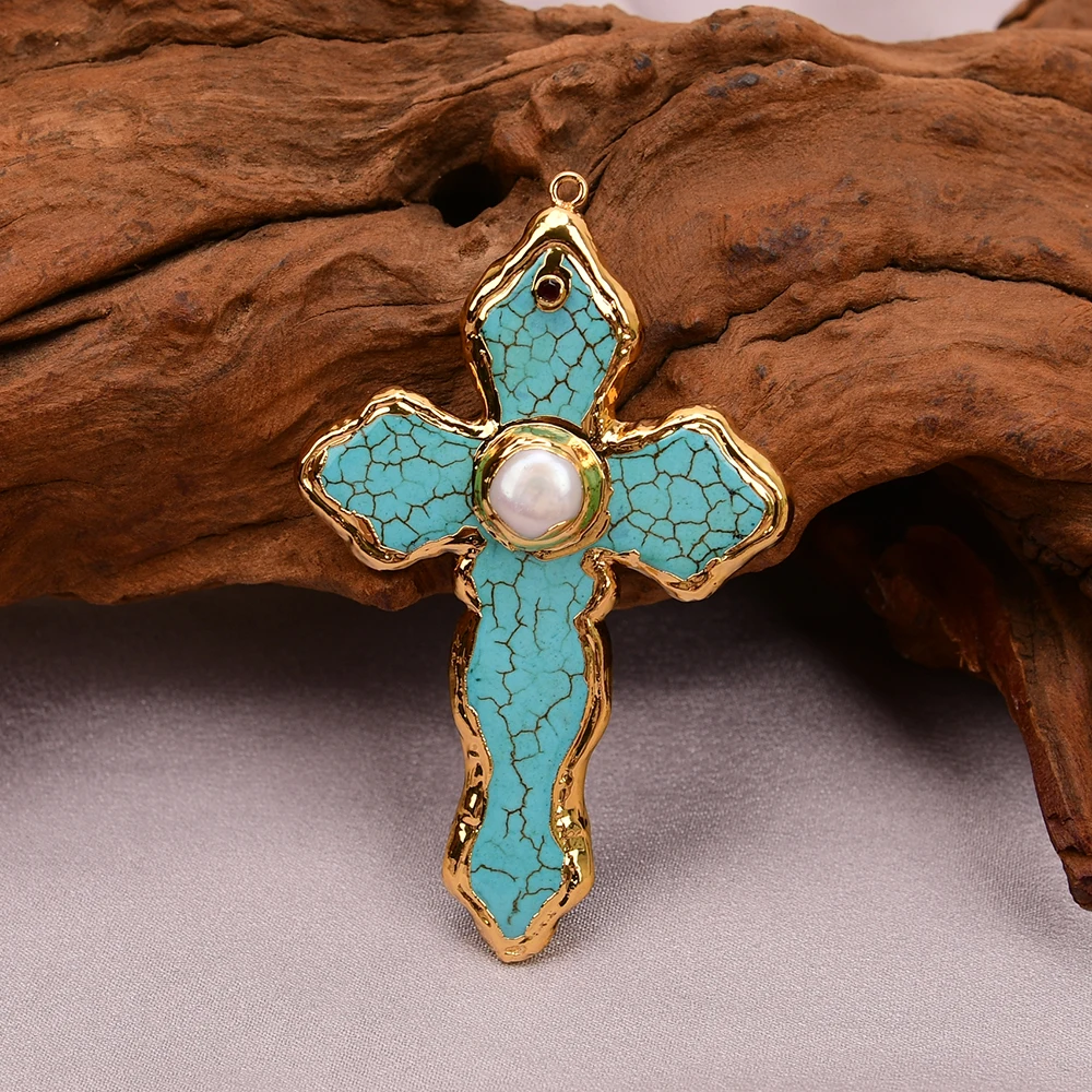 APDGG No042 2 Pcs Big Blue Stone Turquoise White Keshi Pearl Crucifix Charms Pendant view 6
