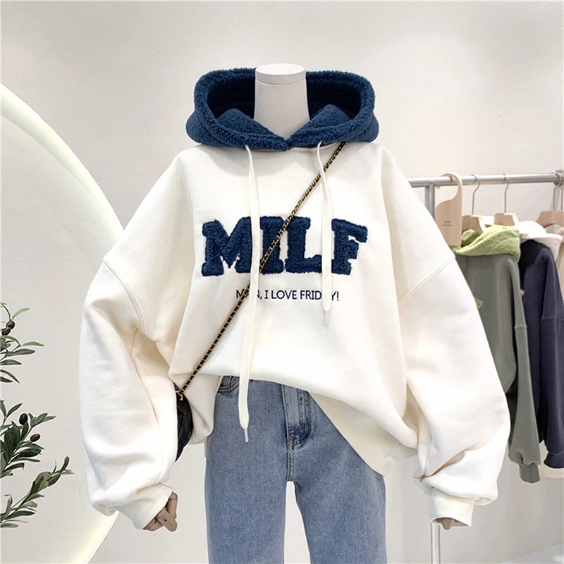 Fashion Patchwork Sweatshirt Women Winter Casual Loose Cotton Thick Letter Long Sleeve Hoodies Female Streetwear