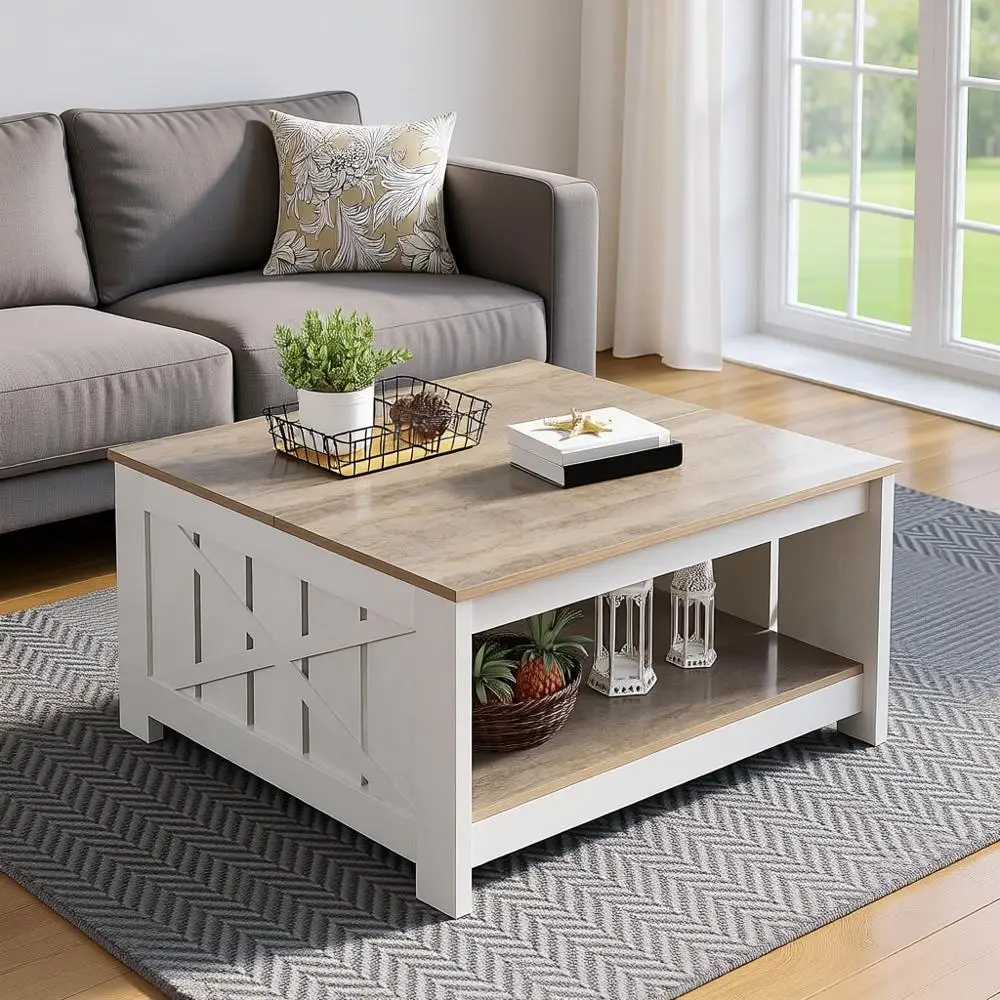 Rustic Wood Cocktail Table with Storage, Square Coffee Tables for Living Room with Open Storage Compartment, Grey Wash