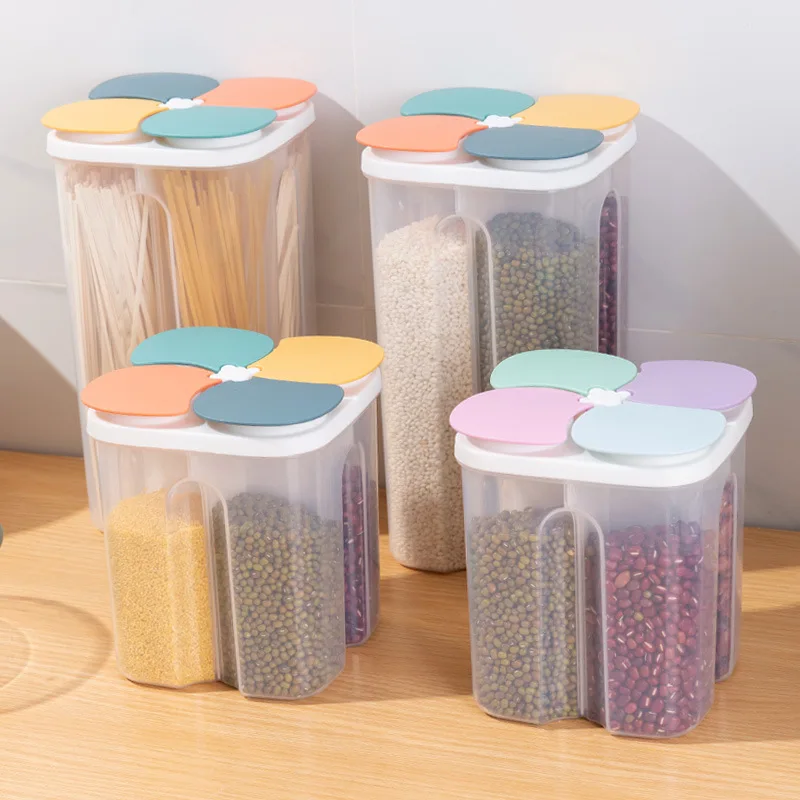 4 Grids Plastic Cereal Storage Box Sealed Container Moisture-proof Grain Tank for Spaghetti Fresh Keeping Jar Kitchen Use