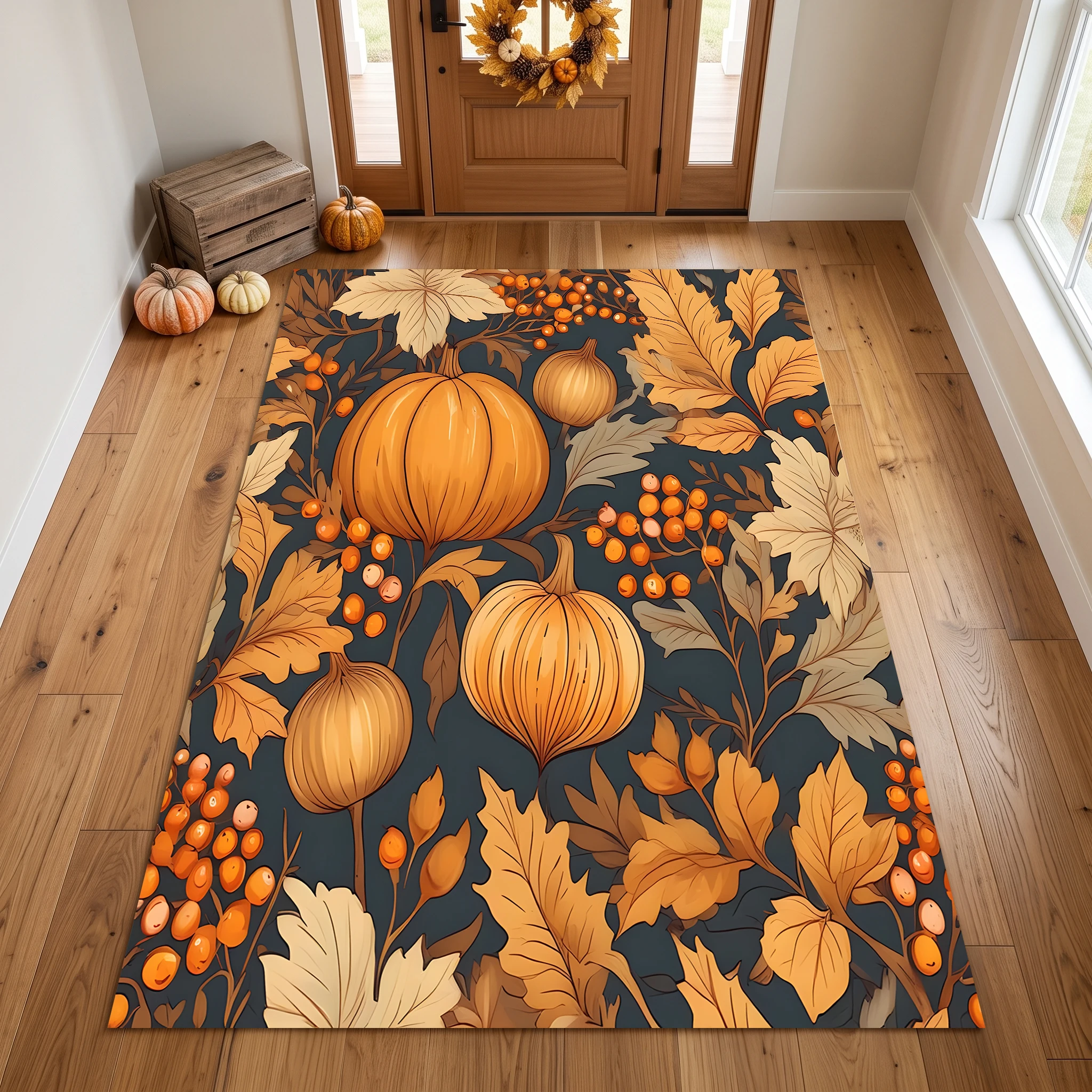 Pumpkin, Leaf, and Berry Print American Retro Style Rug, Suitable for Living Room, Bedroom, and Entryway, Creating a Warm Autumn Harvest Atmosphere