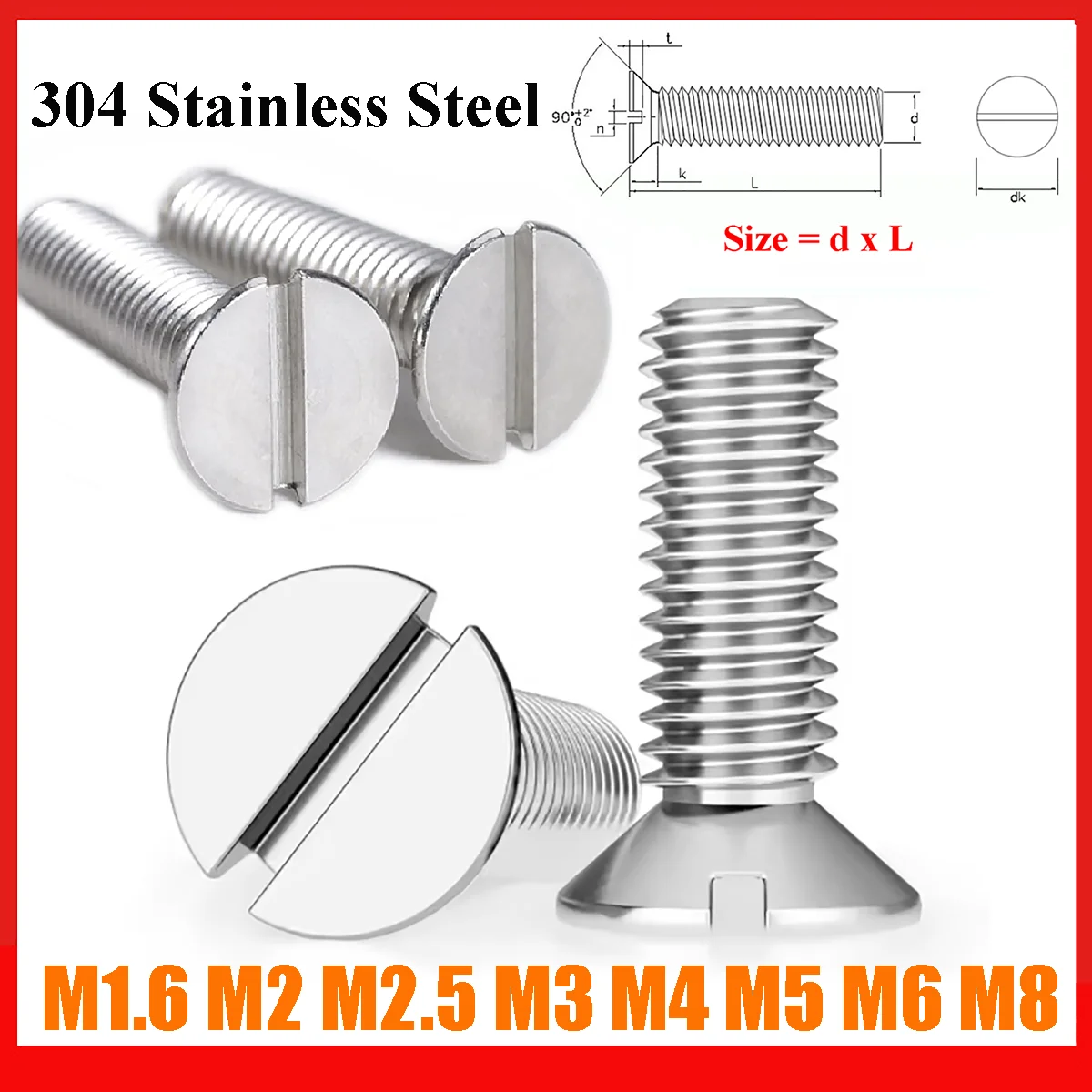 M1.6 M2 M2.5 M3 M4 M5 M6 M8 GB68 304 Stainless Steel Slotted Flat Countersunk Head Machine Screw Bolts DIN 963 Length 4-60mm