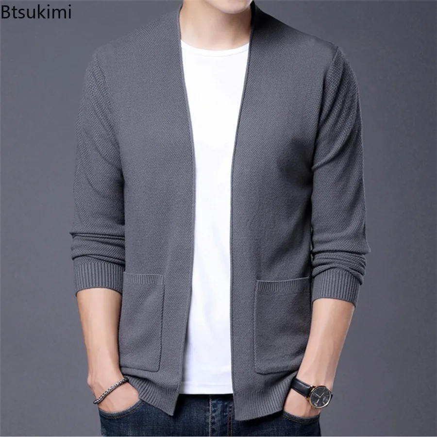 2024 Men's Casual Knitted Cardigan Jacket Solid Simple Coats Jacket Men Slim Fit Big Pocket Koran Sweater Jacket Coats Men Tops