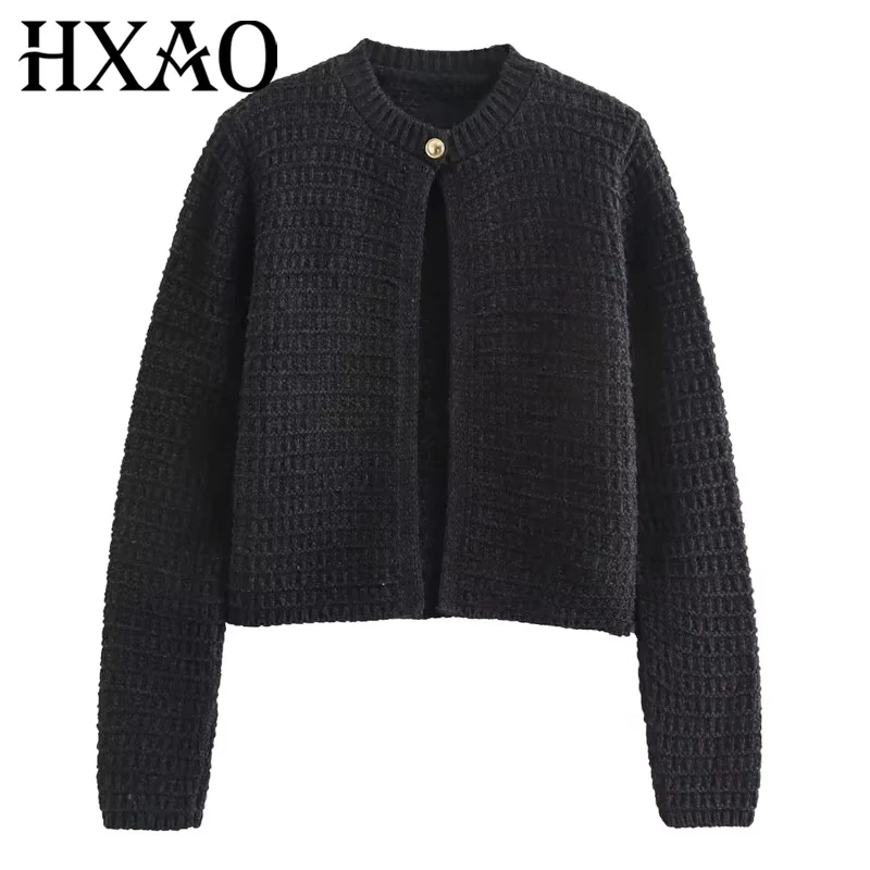 

HXAO свитер кардиган укороченный вязаный кардиган женский осенний черный кардиган с длинным рукавом женский вязаный короткий свитер на пуговицах в рубчик