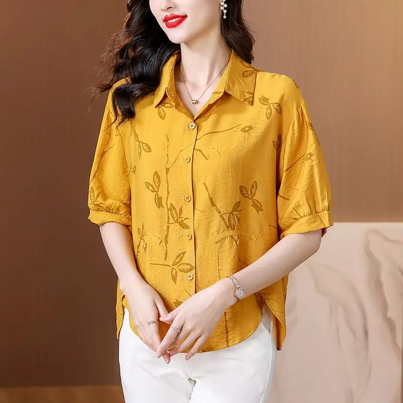 

High-End Floral Print ort Sve Women's irt Summer 2025 Trendy Top Breathable Loose Fit Versatile Mom's Faion