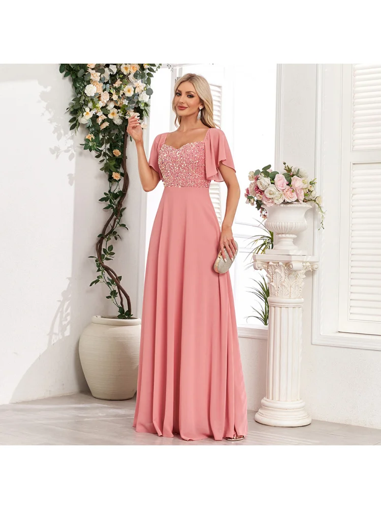 2024 New Square Collar Short Sleeve Backless Pink Evening Dress A Word Sequin Stitching Chiffon Valentine's Day Party