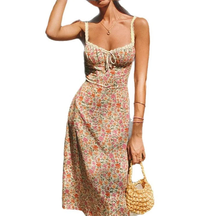 

2025 New Sweet Fashionable Pure Desire Lace Strap Floral Print Dress Holiday Style mid Waist Knitted Thickened No Sleeve Wome...