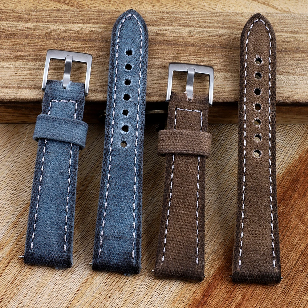 Retro Wet Wax Canvas Watch Band 18mm 19mm 20mm 21mm 22mm Gray Blue Brown Green Denim Strap Replacement Quick Release Watchbands