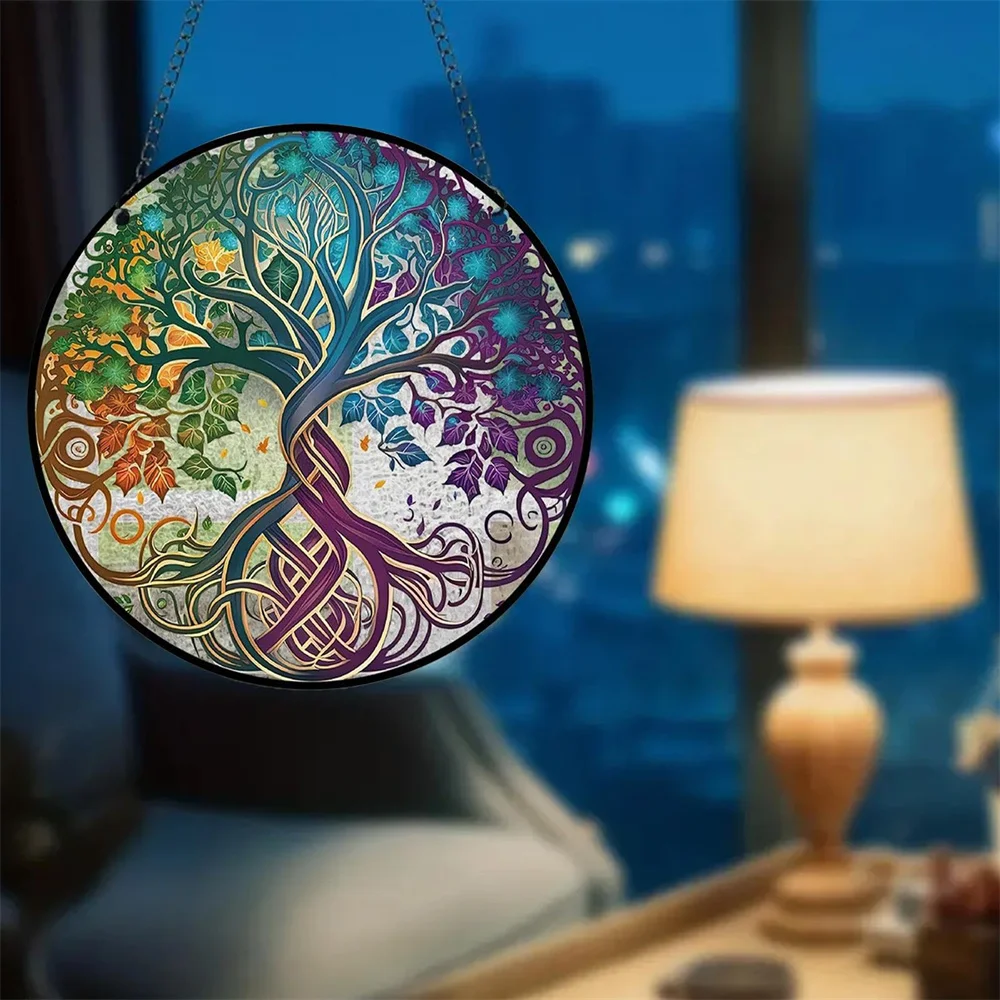 Glass Pattern Tree of Life Decor Stained Suncatcher for Window Hanging Ornament Panel Decor Birthday Gift for Mom