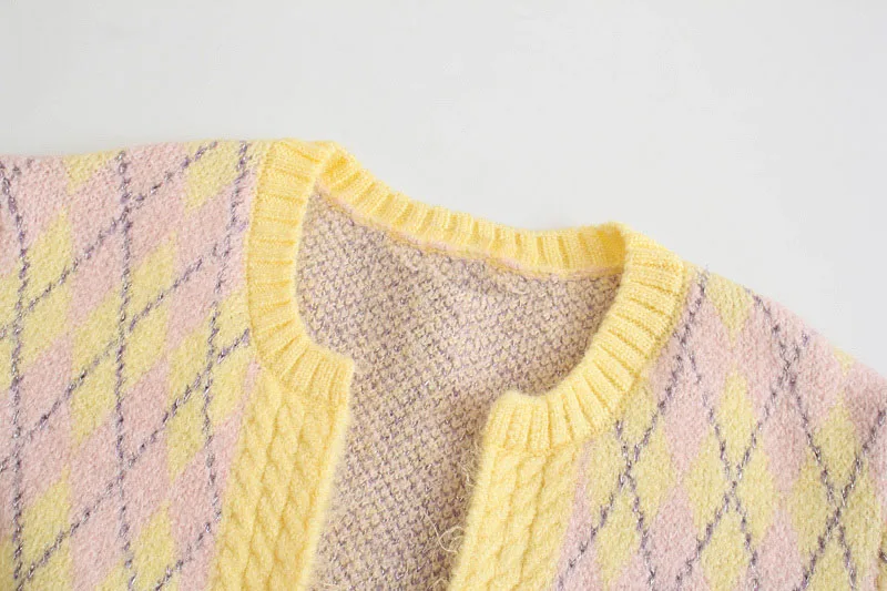 DEEABAE Abbigliamento da donna Trend 2025 Cardigan in maglia a maniche lunghe con motivo a rombi scozzesi dolce e alla moda