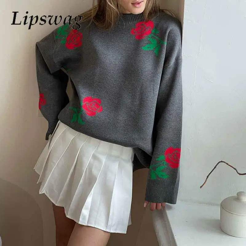 

2024 Autumn French Ribbed Women's Jumper Elegant O-Neck Long Sleeve Oversize Pullover Winter 2024 Rose Printed All Match Sweater