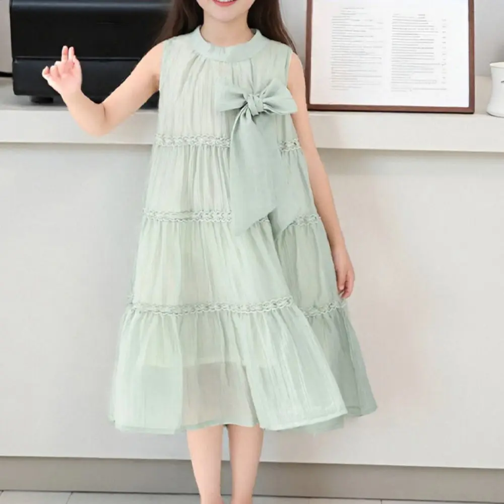 

Fashion Ruffle Girls Princess Dress Large Bow Loose Summer Cake Dress Party Sweet Teens Long Dress Beach Vacation