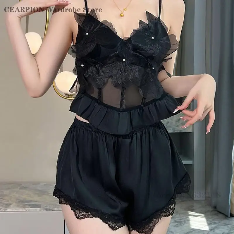 Sexy Cami&Shorts Pajamas Set Backless Strap Top Night Wear Intimate Lingerie Lace Perspective Sleepwear Lady Rayon Homewear