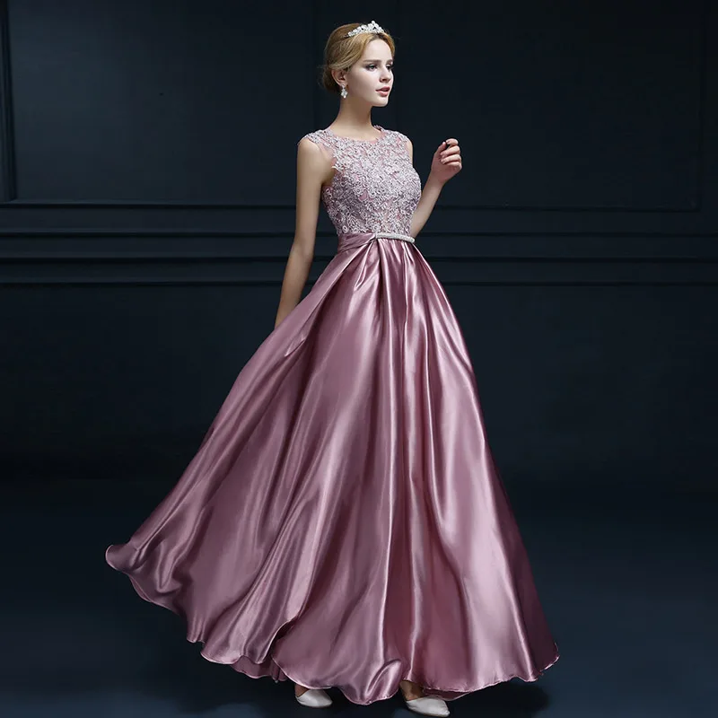 Satin O Neck Evening Dresses A Line Lace Elegant Floor-length Sexy Plus Size Formal Party Gowns Robe De Soire