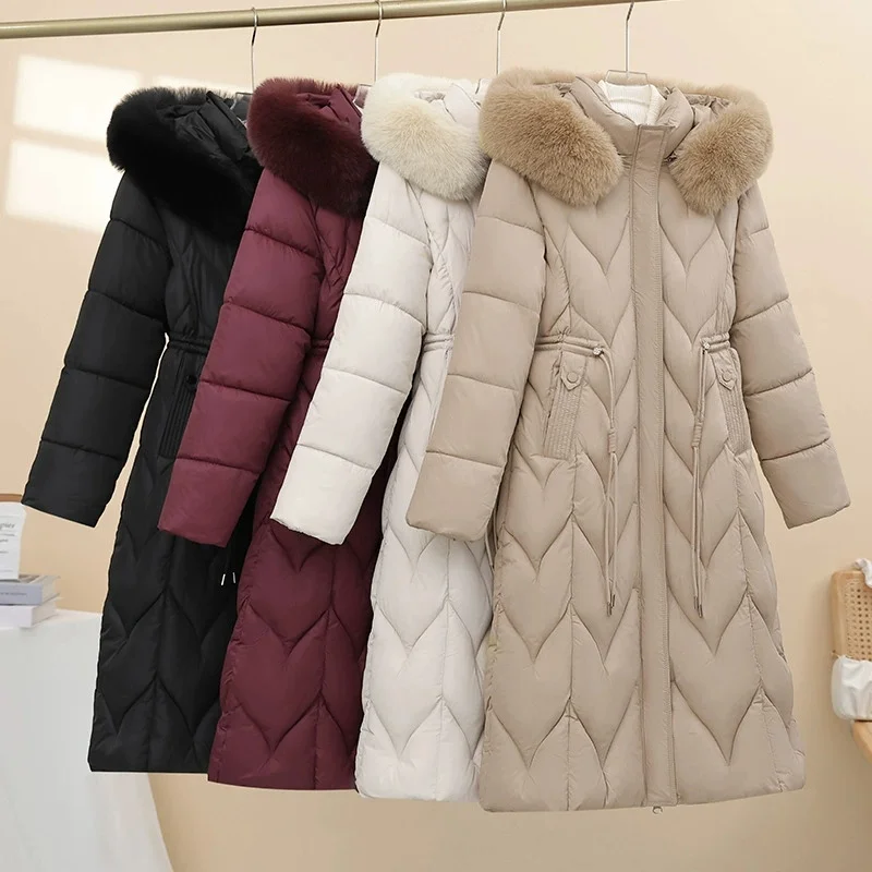 

Hat Detachable Jacket Women's Winter Long Warm Cotton-padded Jacket Korean Slim Thick Cotton-padded Jacket with Big Fur Collar