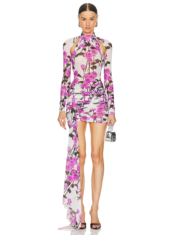 

O Neck Backless Long Sleeves Cut Out Floral Printed Short Dress Ruched Printed Draped Slim Elegant Evening Party Gowns
