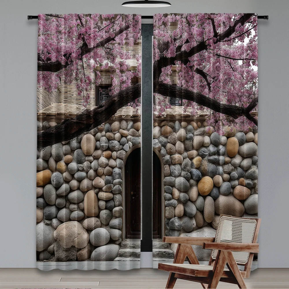 2pcs 2D flat printing Party Curtain Cherry Blossom Arch Stone Door Polyester Without Electricity Family Party Perfect for