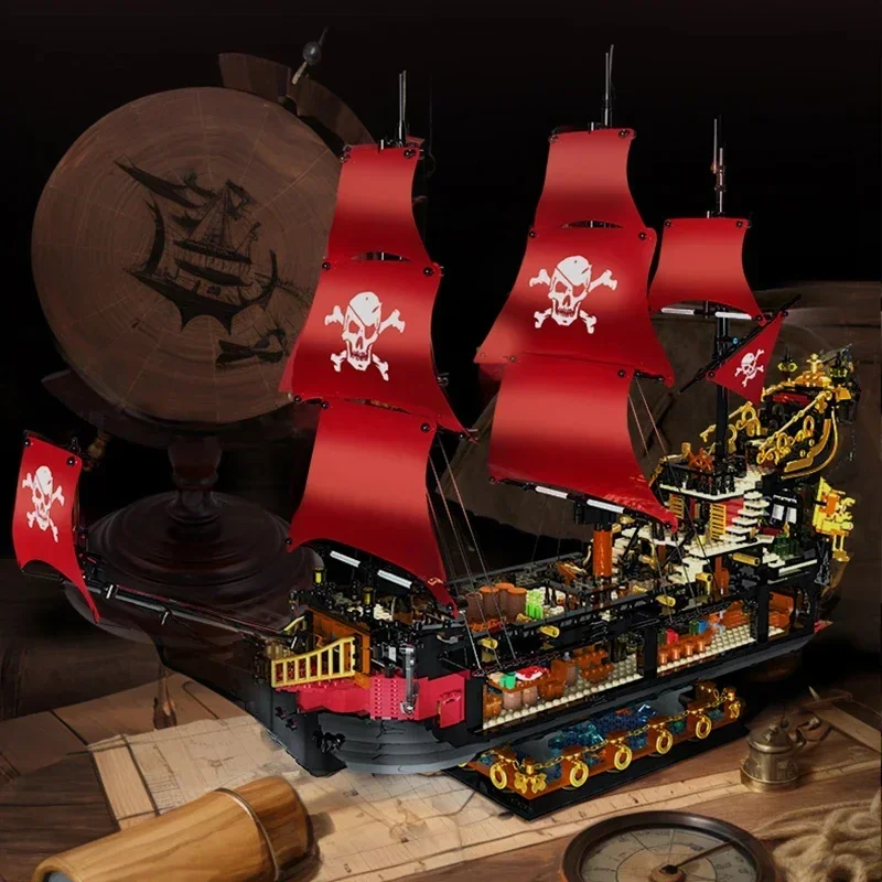 3399PCS Phantom Queen Pirate Ship Building Blocks Classic Sailboat Model Bricks With Light Mini Doll Kids DIY Toy Holiday Gift