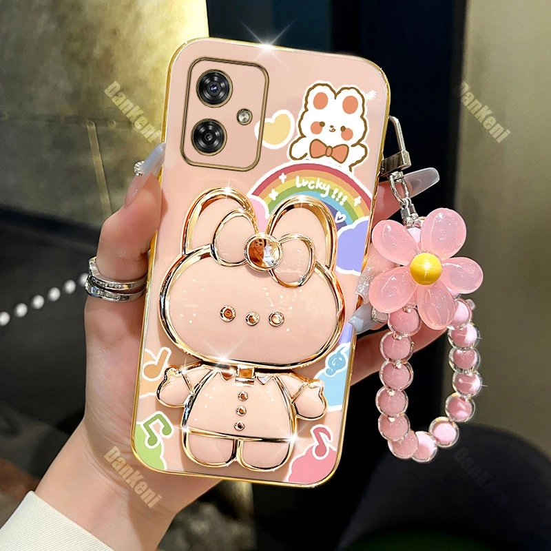 G54 Lucky Rabbit Holder Bracelet Plating Phone Case For Motorola MotoG54 G53 G52 G50 G42 G40F G73 G60S G72 G84 G60 G62 G82 Cover