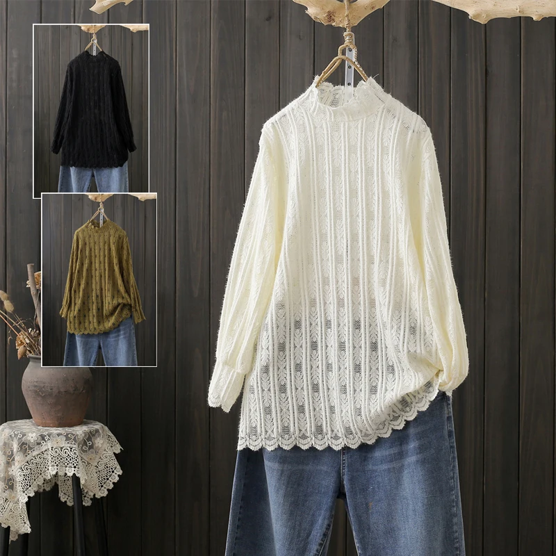 Loose Lace Pulls for Women, White T-Shirts, Sweet Style, Hollow Out, Solid Long-Sleeved, Elegant Female Tops, Outwear