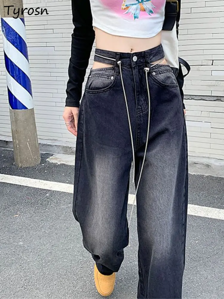 

Черные широкие джинсы женские с вырезами простые шикарные модные универсальные милые студенческие девушки уличная одежда винтажная повседневная одежда с высокой талией