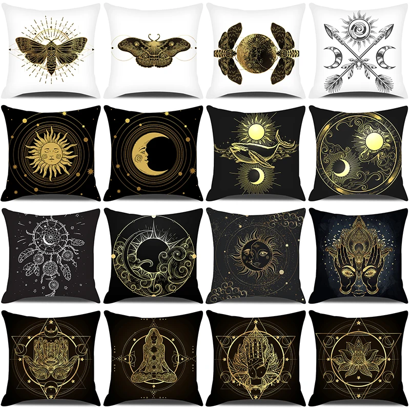 

Gold Sun Moon Printed Pillow Case Psychedelic Home Decorations Black Cushion Cover Comfortable Polyester Pillowcase 18x18 Inches