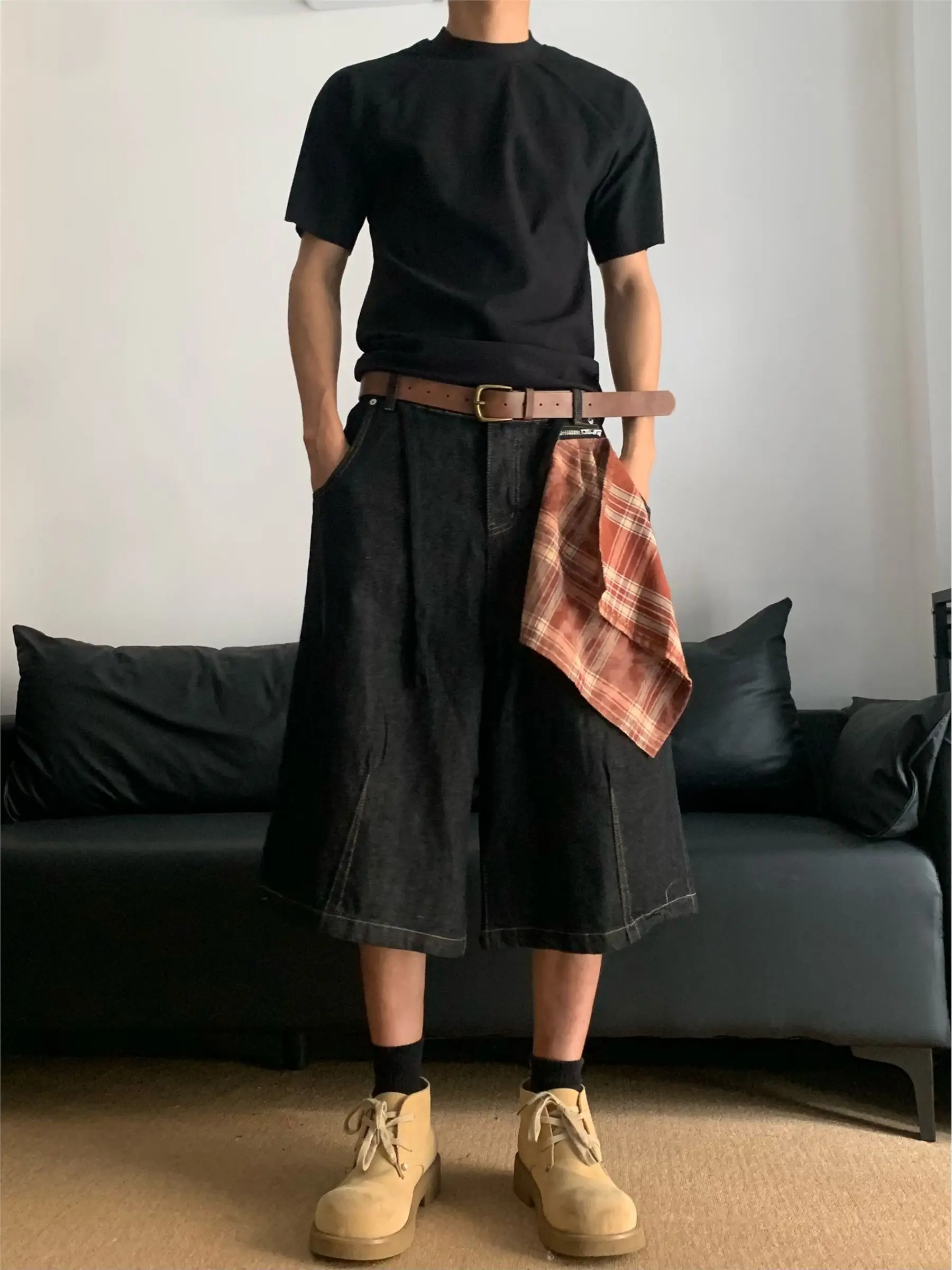 Men's Plaid Square Scarf Summer Shorts Y2k Wide Leg Cropped Pants Cool Boy Casual Bottom Male Vintage High Waist Half Trousers