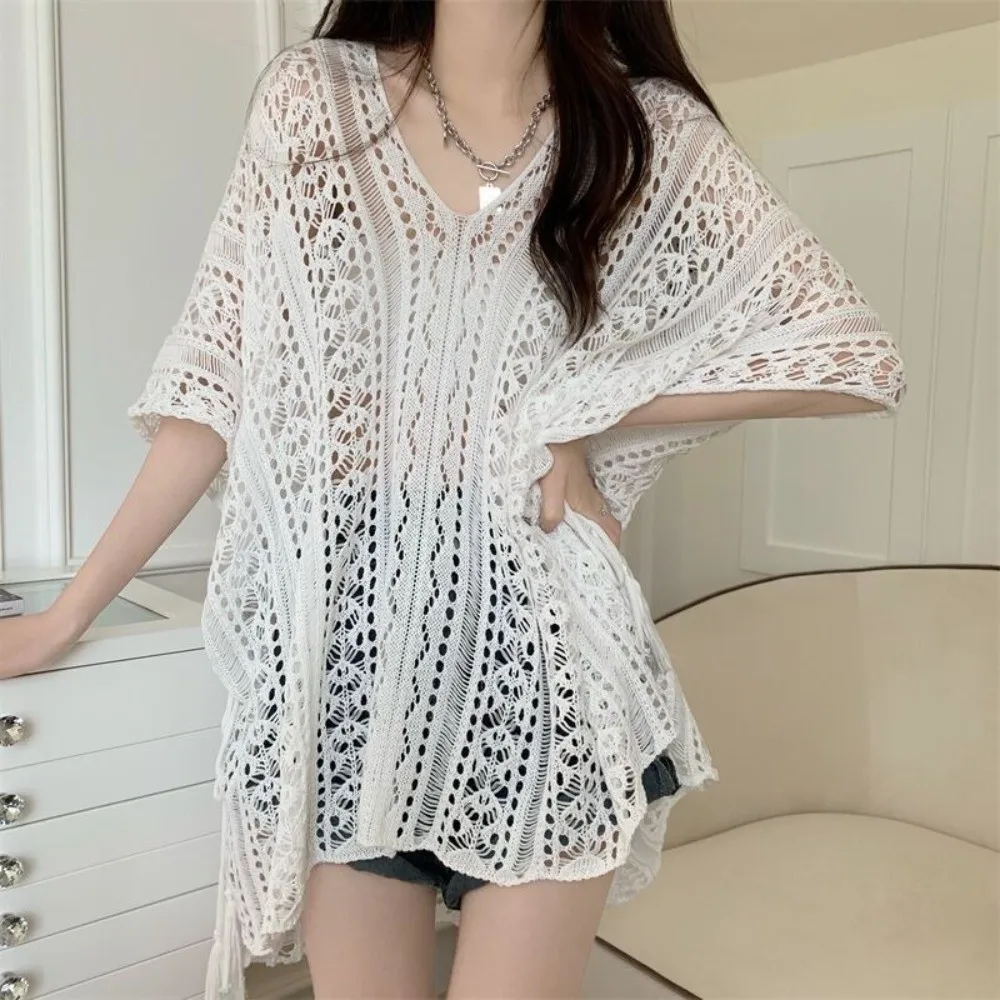 

Fashion V Neck Women's Crochet Tops Knitted Loose Sweater Hollowed-out Thin Swimwear Summer
