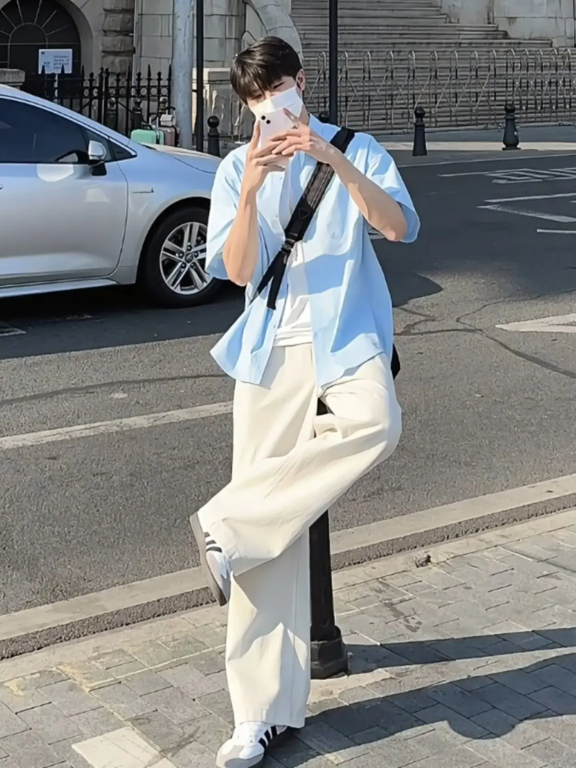 Blue Silk Short Sleeve Shirt Men's Summer Sun Clean Dressing Thin Cardigan Drape Sunscreen Shirt Coat Casual Loose Fit Youth ...