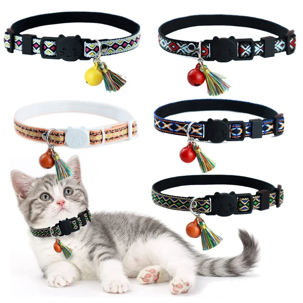 Adjustable Cat Collar with Tassels and Bells Embellished Pet Collar Colorful Plaid Jacquard Pattern for Cat and Dog Collars