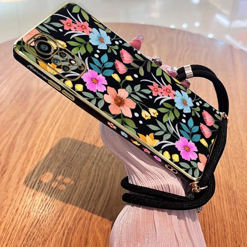 Color Flower Lanyard Plating Phone Case For Xiaomi Redmi Note 11 Pro Plus 12Pro Plus 11 11S 10 Pro 12 9S 8 Pro Cover