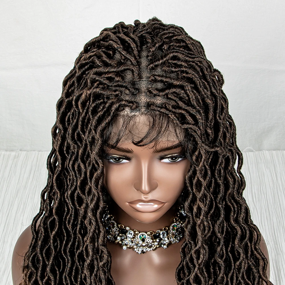 Lace Front Synthetic Faux Locs Wig Curly Ends 9x6 Lace Curly Faux Locs Wig 32 Inch Knotless Long Curly Afro Box Braided Wig