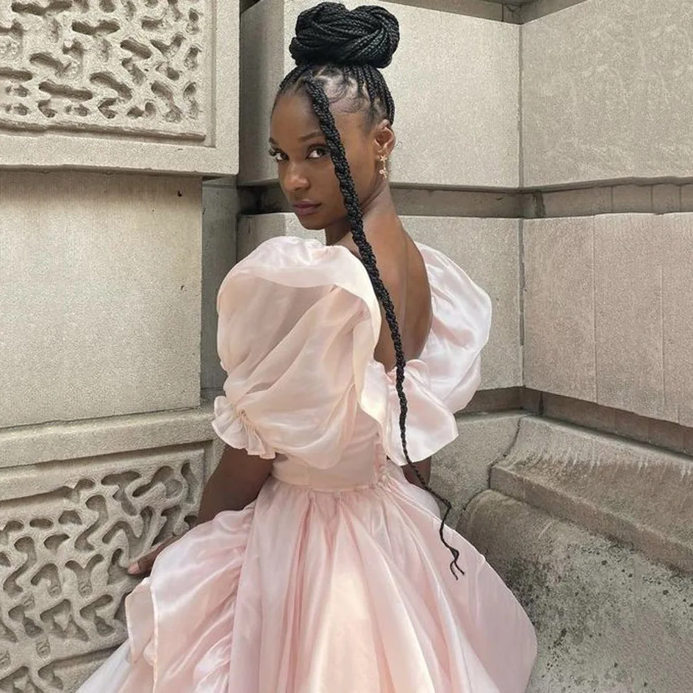 Pink Sweet Fluffy Sleeve Adult Ceremony Graduation Gown Elegant Women's Square Neck Princess A-line Asymmetric Pleated Prom Gown