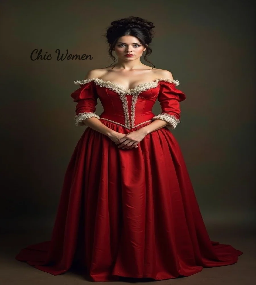 

Dramatic Red Gothic Prom Dress Vintage Medieval Duchess Evening Dress With Lace Viking Costume Halloween Formal Party Customized