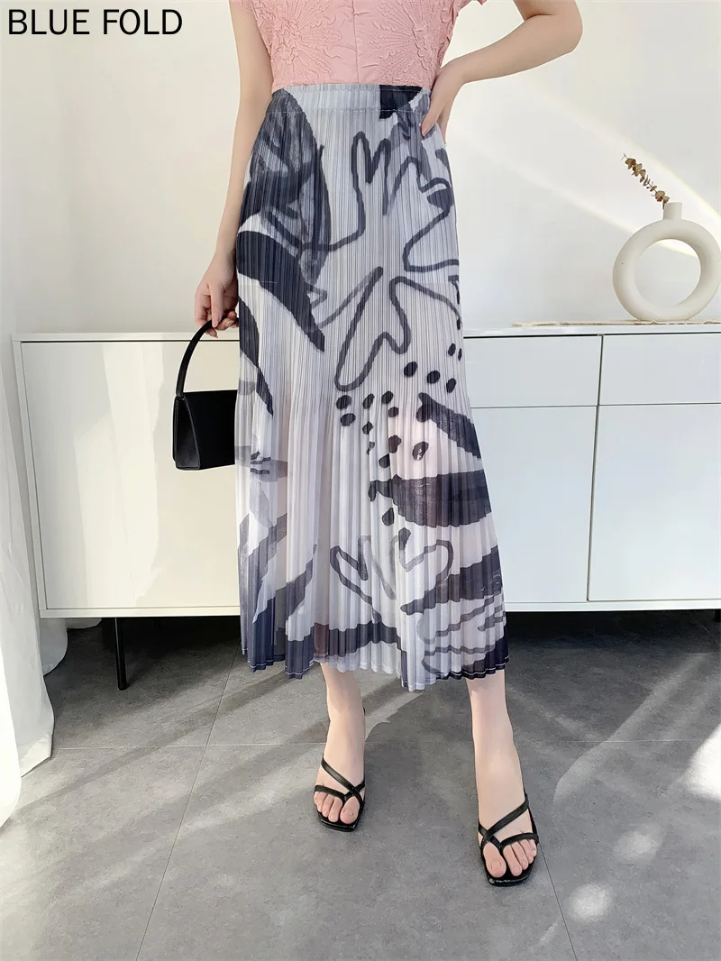 MIYAKE PLEATS Women's Summer 2025 Digital Print Pleated Skirt Comfortable Casual Pleated Faldas Ropa De Mujer