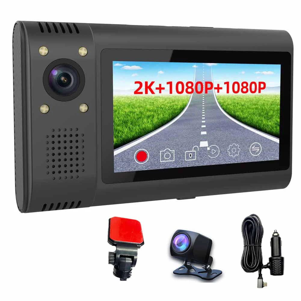 

3 Cameras Dash Cam 2K 170° Front 1080P 120° Inside 1080P 140° Rear Parking Monitoring 3.0in Touching Screen WIFI Connection 12