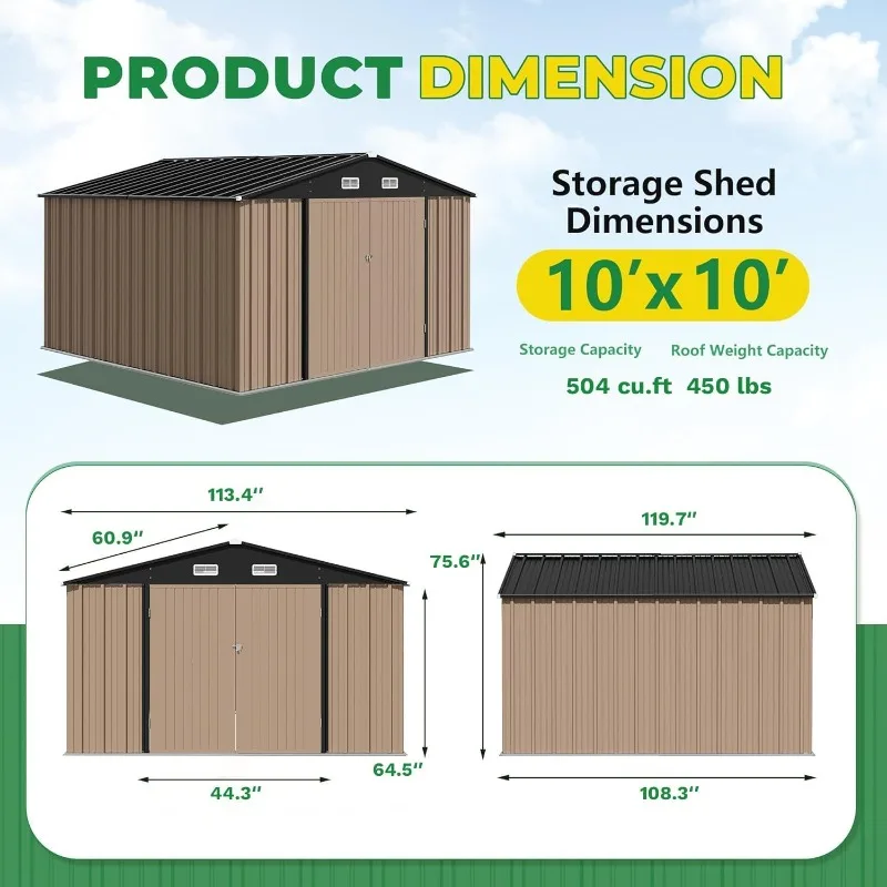 Devoko 10x10 FT Outdoor Storage Shed, Brown | Metal Tool Sheds, Lockable Door, Sloping Roof, Utility Garden Shed Lawn Backyard