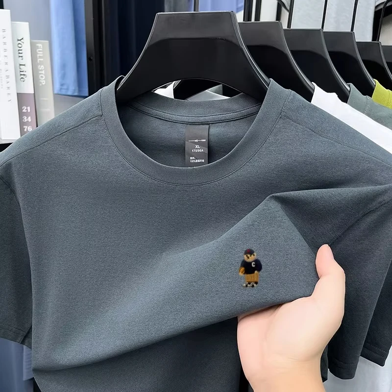 2026 Herren-T-Shirt mit Rundhalsausschnitt und kurzen Ärmeln, niedliche Basketballspieler-Mini-Stickerei, weiches, atmungsaktives, lässiges Sommer-Basic-Top – Detail 20