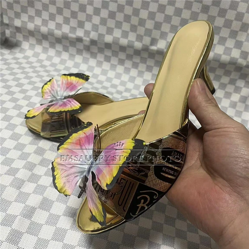 Handmade Butterfly-Flower Decor Sandals Women Slingbacks Multicolor Stone-Grain Real Leather Summer Shoes