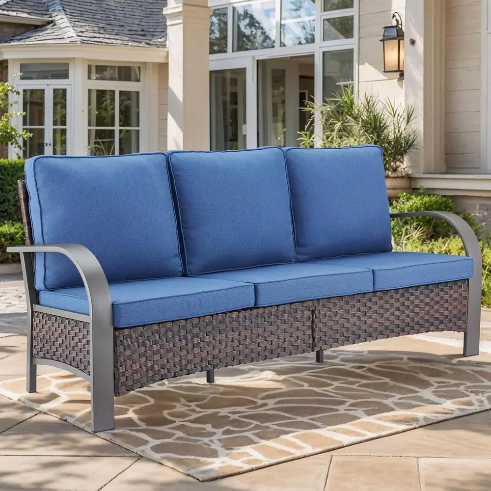 

High-Back Rattan Sofa with Olefin Cushions for Outdoor Patio, Deck, Garden - Brown/Blue