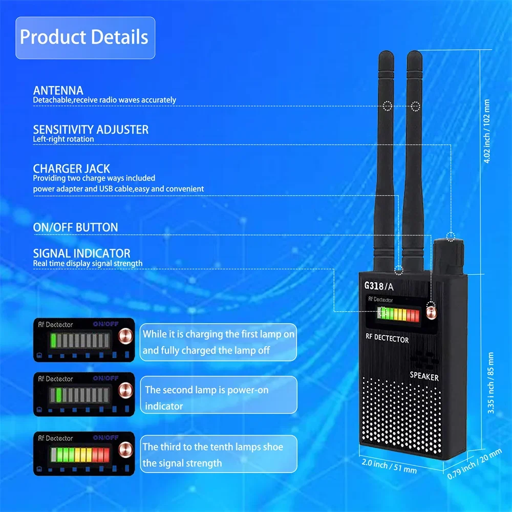 Dispositif de détection de caméra professionnel à deux divulguer, signal 101RF, anti-écoute électronique, caméra sans fil, traqueur GPS, détecteur d'espion